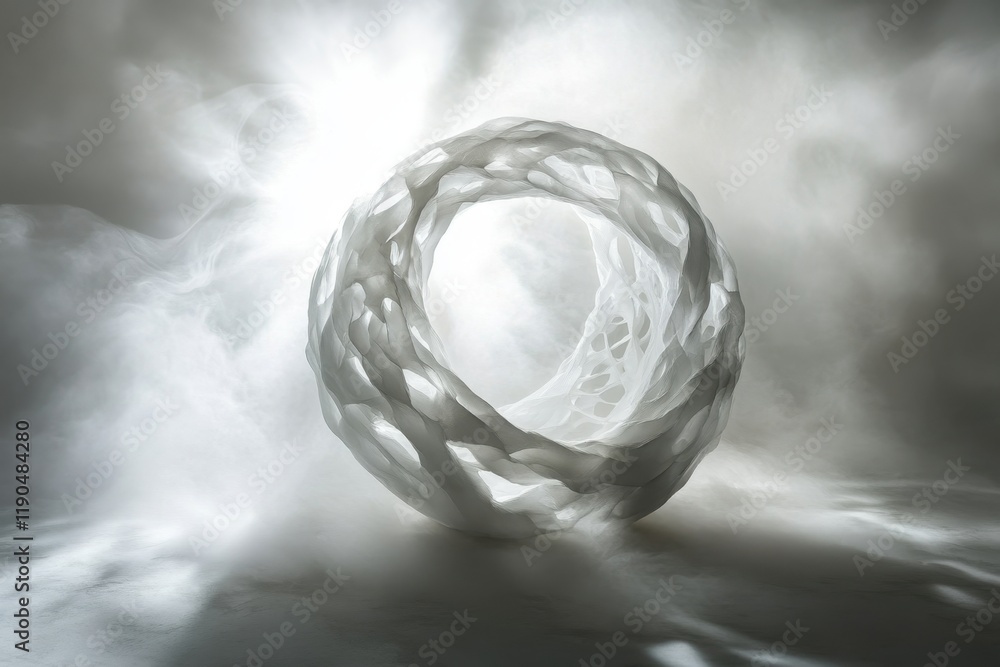Poster ethereal spherical structure illuminated in a misty atmosphere creating a surreal effect