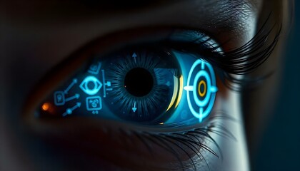 Cyborg robotic humanoid eye with a sparkling silver lens and a digital interface displaying scrolling text