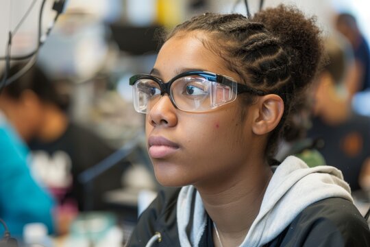 A young student wearing safety glasses attentively listens during a STEM class, Empowering students to pursue careers in STEM fields