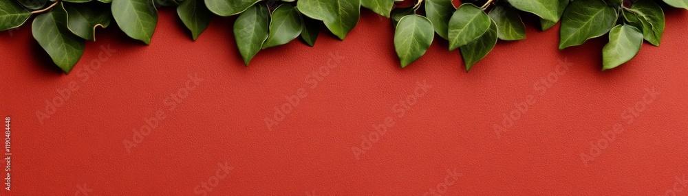 Poster red background with green leaves border: lush green leaves create a vibrant natural border along the