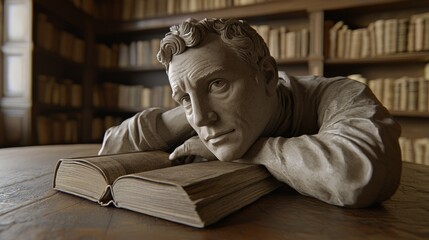 Sculpture of a contemplative man resting on open books in a library filled with bookshelves in soft lighting