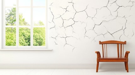 Fototapeta premium Minimalist Living Room with Cracked White Wall - Simple living room with a cracked wall, symbolizing imperfection, resilience, vintage charm, tranquility, and renewal.