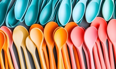 Colorful plastic spoons arranged in rows.