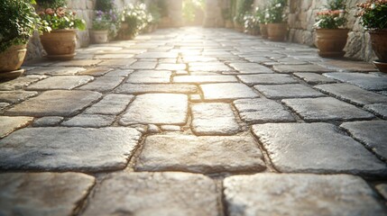 Sunlit cobblestone path through a charming garden, bathed in warm light