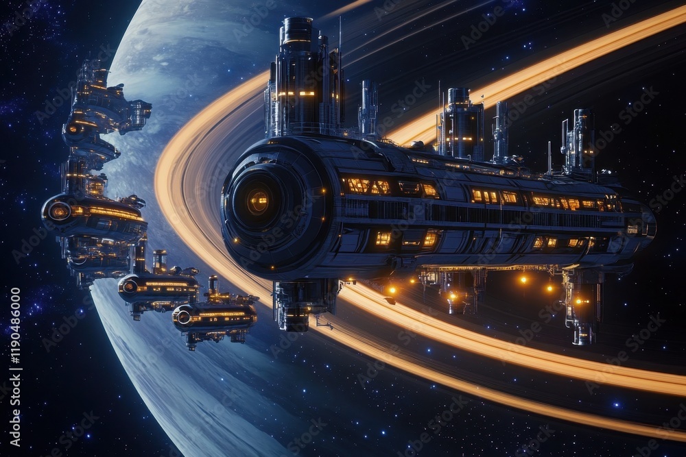 Poster spaceships exploring a distant planet with stunning rings in a vast nebula