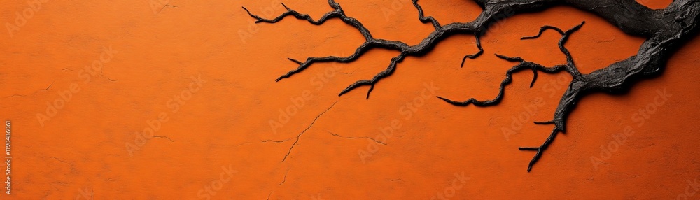 Poster dried branch on orange: a stark, dark branch with intricate cracks and crevices is dramatically posi