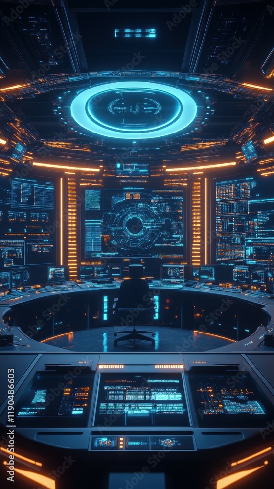 Poster futuristic control room, monitoring systems, spaceship, digital displays, sci-fi background, tech wa
