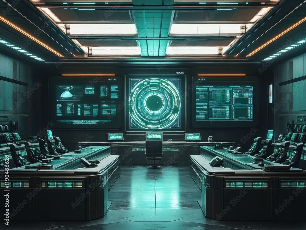 Aufkleber Futuristic control room; monitoring screens; spaceship; data analysis; technology concept