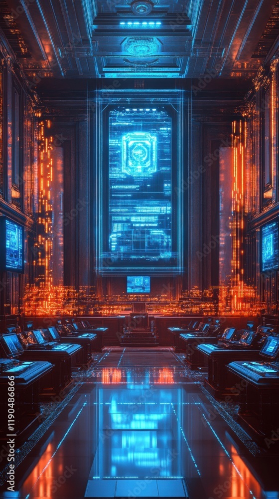 Poster Futuristic control room; digital display; glowing; technology; background; sci-fi game