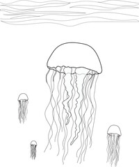 Vector illustration of fish in the sea. with a seascape as the background. Creativity coloring book for children.