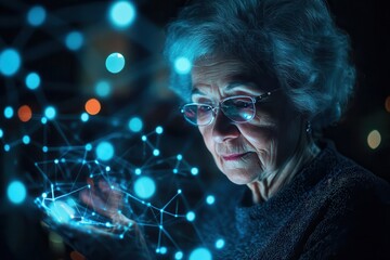 An elderly woman immersed in digital technology and the global network.