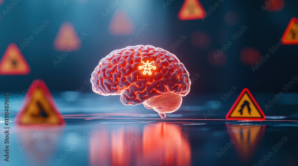 Poster a symbolic image of a brain surrounded by glowing warning signs.