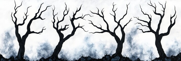 Scorched Earth Blackened Trees in Smoke - Symbolic of loss, desolation, environmental damage, resilience, and the passage of time.  A haunting image of nature's resilience.