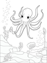 Vector illustration of fish in the sea. with a seascape as the background. Creativity coloring book for children.