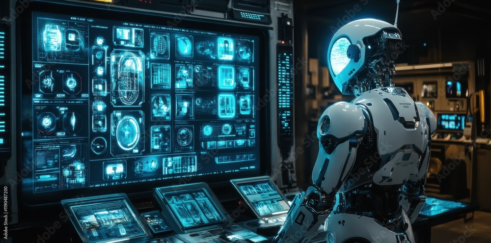 Poster Robot monitoring control panel in futuristic lab