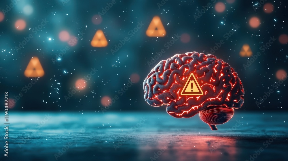 Poster a symbolic image of a brain surrounded by glowing warning signs.