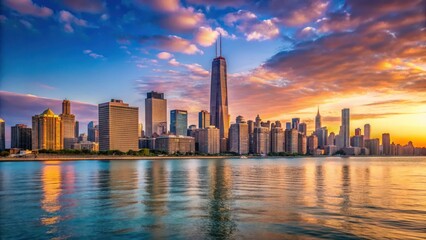 Fototapeta premium Panoramic view of Lake Michigan and Chicago skyline at sunset with the towering Hancock Center in the foreground, Architecture, Chicago Skyline