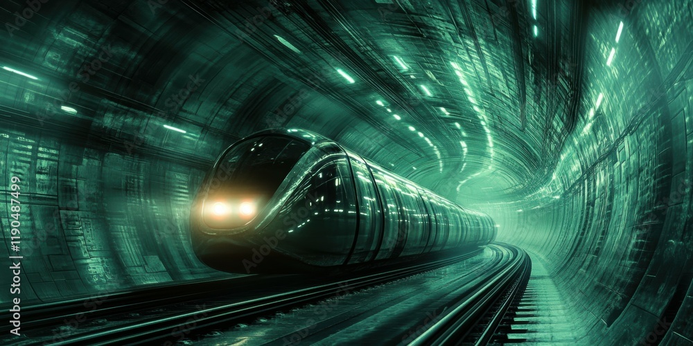 Poster high-speed train speeding through futuristic tunnel