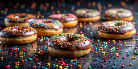Fototapeta premium A delectable assortment of chocolate-glazed donuts, generously adorned with rainbow sprinkles, scattered on a dark surface.