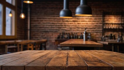 Empty wood table top on aesthetic cafe interior with a blurred background. The focus is on the table surface.