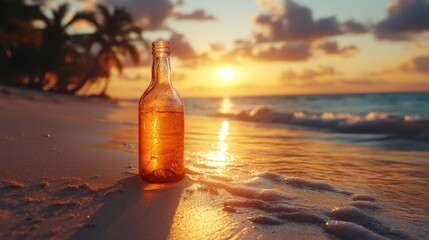 Sunset beach scene with a glass bottle partially buried in the sand.