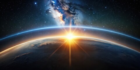 Fototapeta premium A breathtaking sunrise over Earth as seen from space, showcasing a vibrant atmosphere and the vast expanse of the cosmos.
