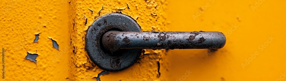 Poster rusty door handle: a close-up of a weathered door handle with a rusty finish, capturing the details 