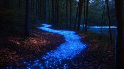 Fototapeta premium Glowing path, forest night, lake background, fantasy scene