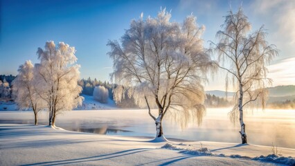 Obraz premium Frozen birch trees in a serene winter landscape with snow-covered hills and a frozen lake in the background, surrounded by bare branches and misty atmosphere , bare branches, frozen lake