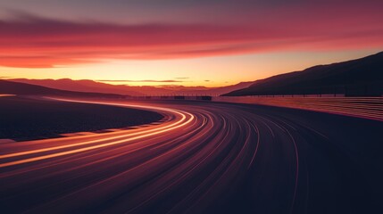 Sunset over a race track with light trails.