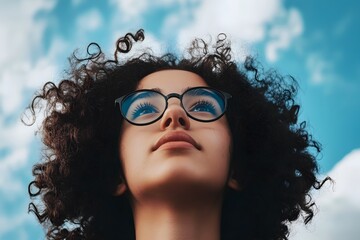 Woman with Curly Hair Looking Up at Sky