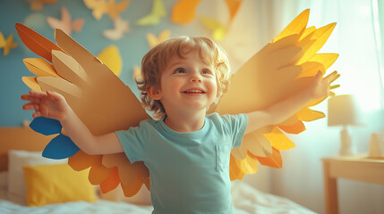 Niño feliz soñando con sus alas de juguete