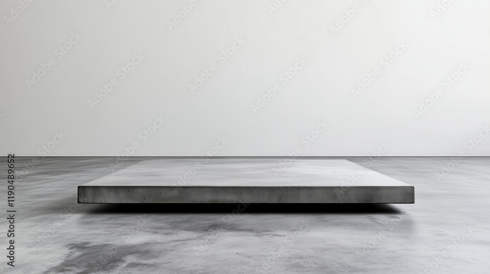 Poster a rectangular polished concrete slab resting on a seamless white background, its refined finish and 