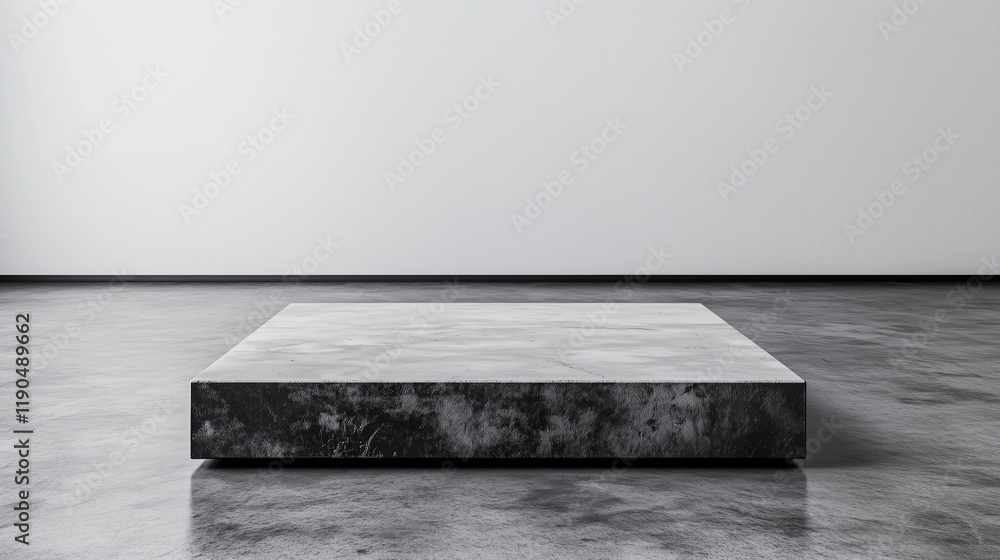 Poster a rectangular polished concrete slab resting on a seamless white background, its refined finish and 