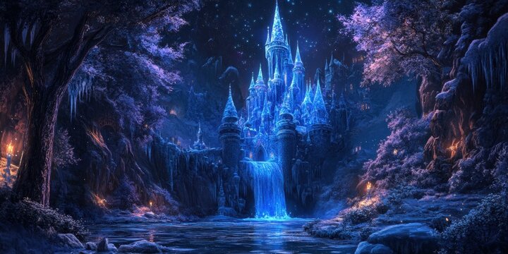Frozen Castle Waterfall Night Fantasy Game Background