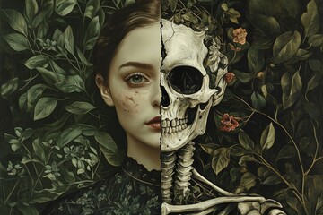 A symbolic dual portrait of a woman representing life and death
