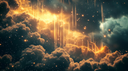 Golden rays of light piercing dramatic stormy clouds in a celestial background