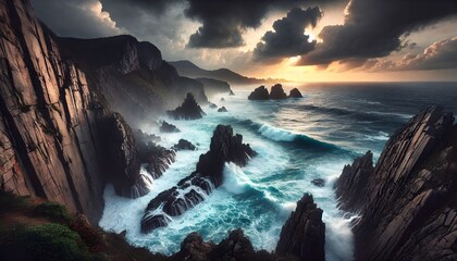 A coastal cliffside with dramatic waves crashing against the rocks,during a cloudy evening.