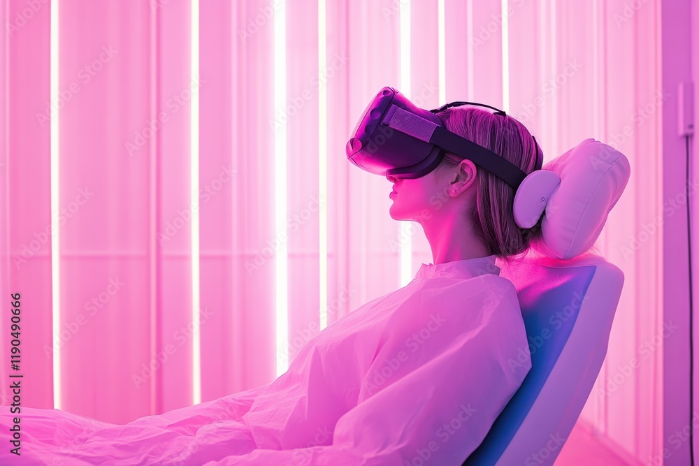 Poster engaging in virtual reality experience while relaxing in a colorful environment
