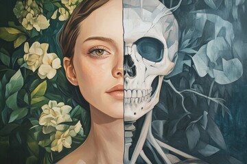 A symbolic dual portrait of a woman representing life and death