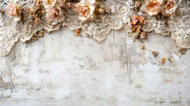Dried flowers and lace on white wooden background creating vintage wedding card design