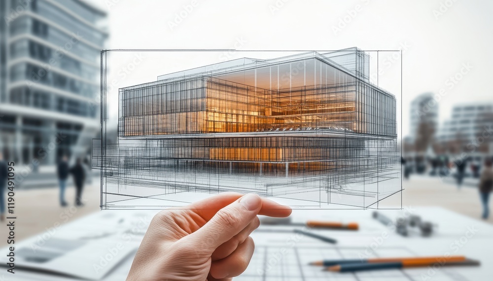 Poster architectural design sketch showing modern building structure