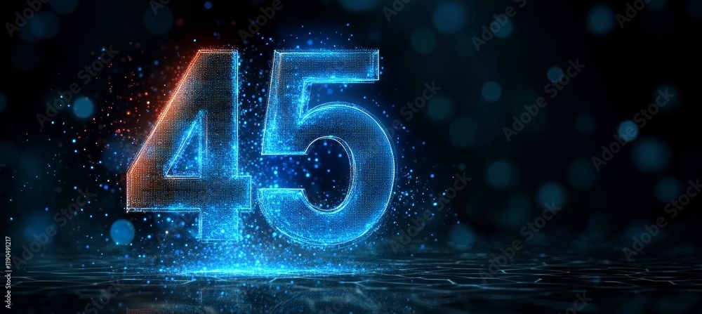 Poster glowing blue and red digital particles combine to form the number 45 on a cyberpunk background