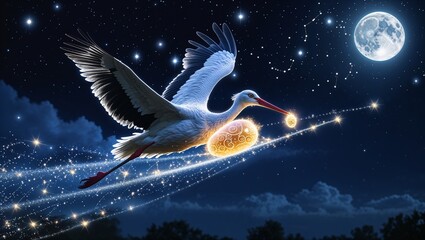 Stork Flying Under a Starry Night Sky Delivering a Bundle