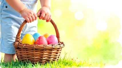 Fototapeta premium Watercolor Illustration With Hands Of Toddler Holding Wicker Basket With Colorful Easter Eggs On Spring Background As Egg Hunt Concept