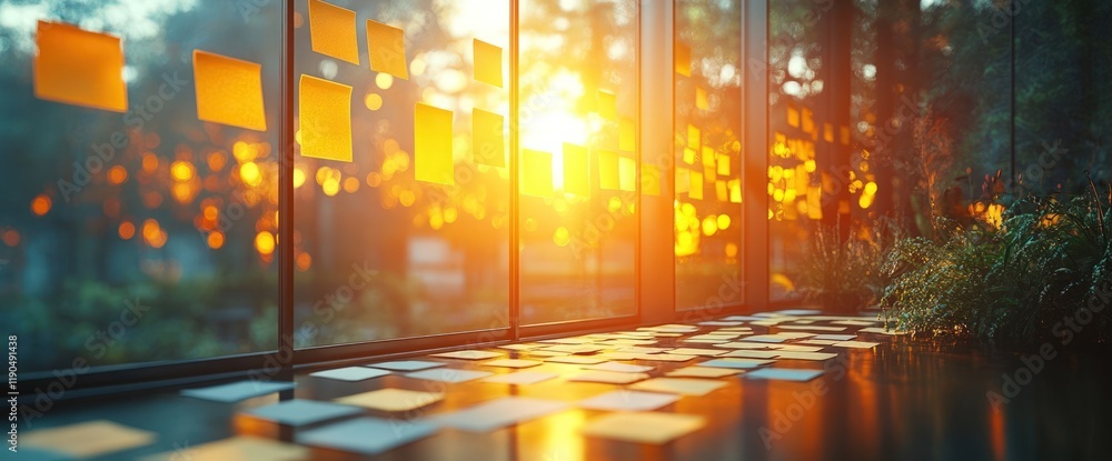 Poster sunset view through large window with scattered notes on floor.