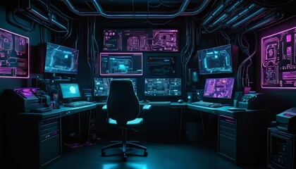 Naklejka premium Futuristic Cyber Security Command Center with Neon Glow