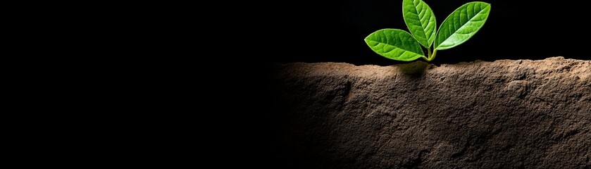Naklejka premium A New Beginning: A lone seedling emerges from the dark earth, its vibrant green leaves reaching for the light, a symbol of hope, resilience, and the promise of growth. 