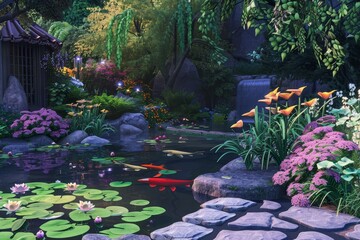 A peaceful garden scene with a pond, waterfall, and blooming flowers, A tranquil garden with blooming flowers and a peaceful koi pond