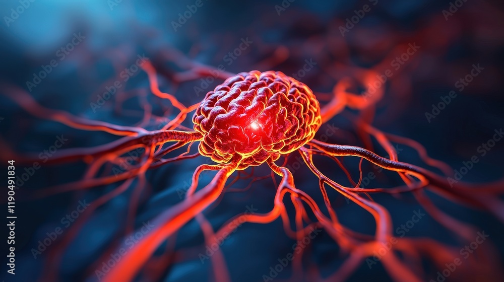 Poster a 3d model of a brain artery network with a visible clot depicted in red.